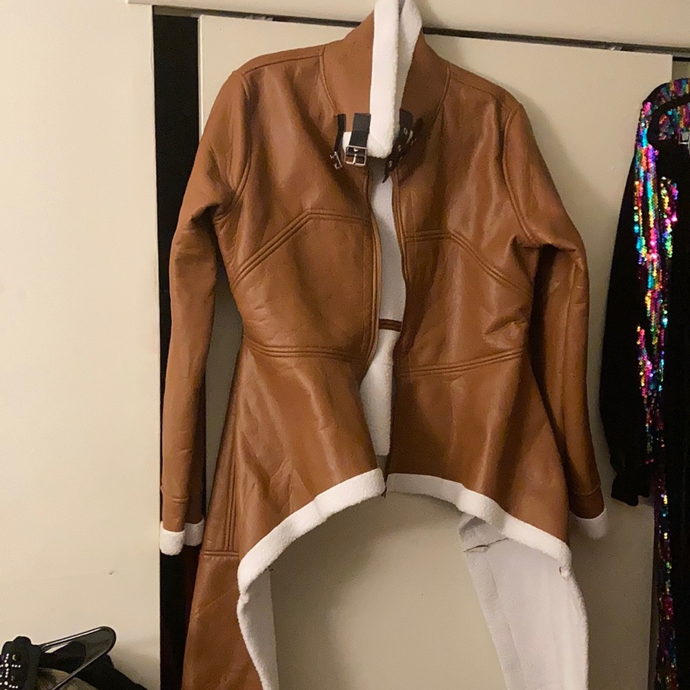 Cognac faux leather Sherling with buckle details zipper closure